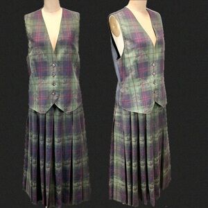VINTAGE 90s‎ Pendleton tartan plaid 2 piece dress set maxi pleated skirt vest